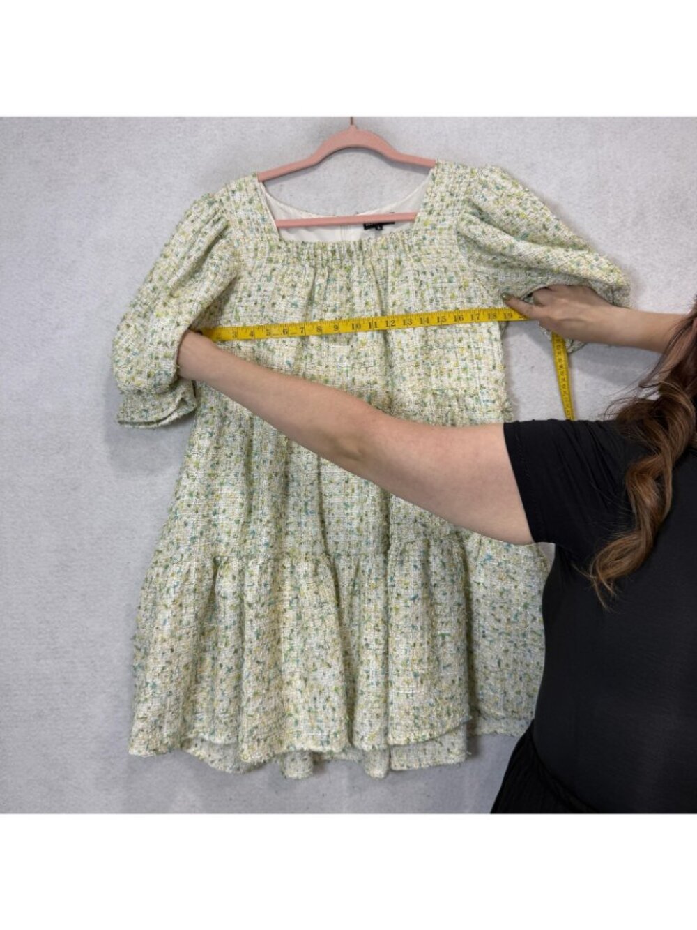 Sister Jane Dress Womens Large Green Tweed Puff Sleeve Trapeze Swing Mini - Picture 5 of 9